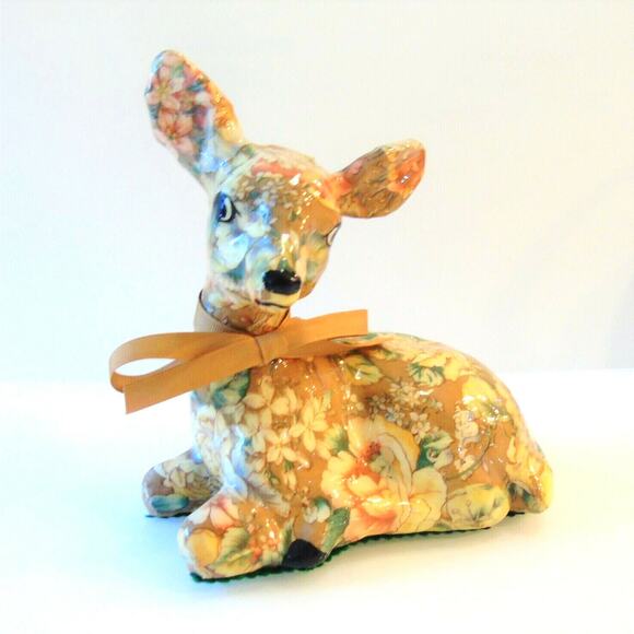 Decoupage Deer Figurine Floral Doe Fawn Lying Down Gold Cream Brown 7" Decor Vtg - Picture 4 of 6